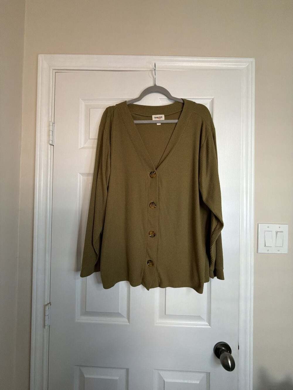Open Edit Olive Green Ribbed V-Neck Cardigan Size M